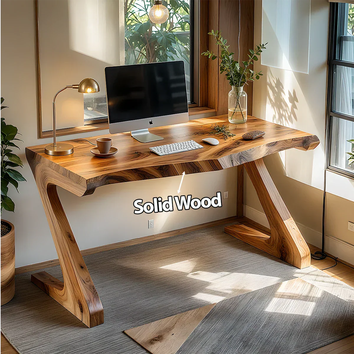 Sculpted Solid Wood Z-Leg Desk for Modern Workspaces - Rustirawood