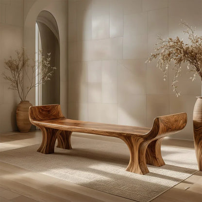 Sculpted Wing-End Bench in Natural Solid Wood - Rustirawood