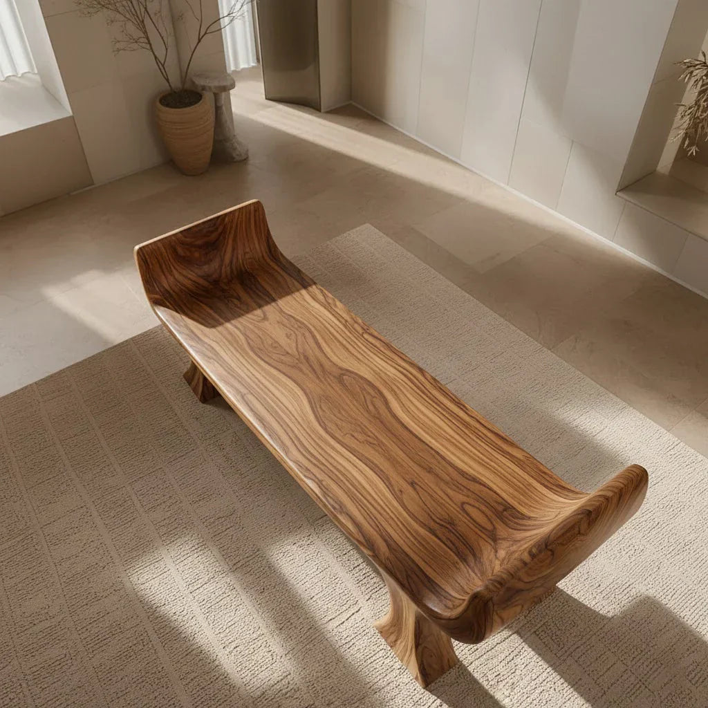 Sculpted Wing-End Bench in Natural Solid Wood - Rustirawood