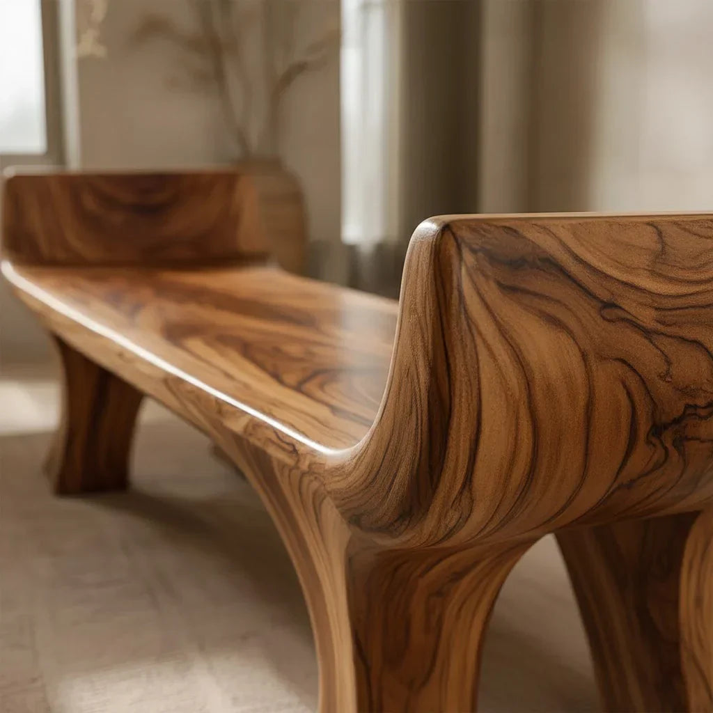 Sculpted Wing-End Bench in Natural Solid Wood - Rustirawood