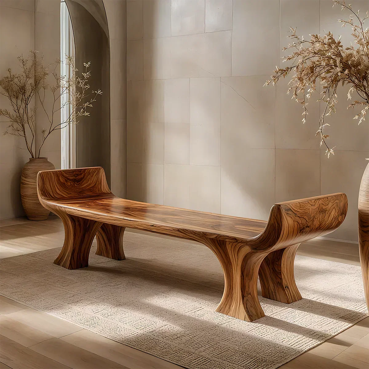Sculpted Wing-End Bench in Natural Solid Wood - Woodenecho