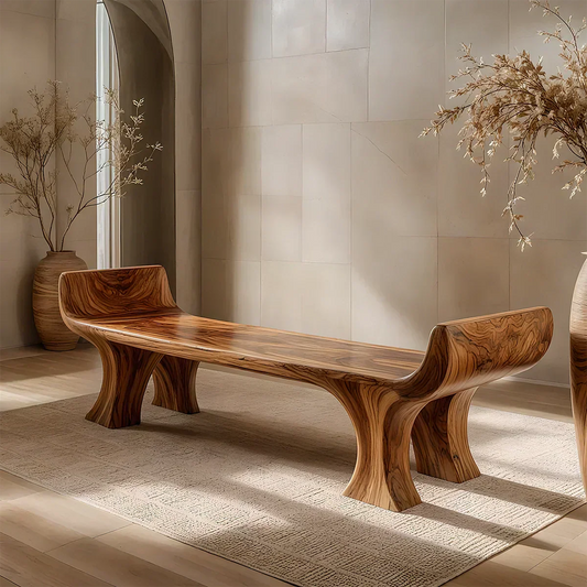 Sculpted Wing-End Bench in Natural Solid Wood - Woodenecho