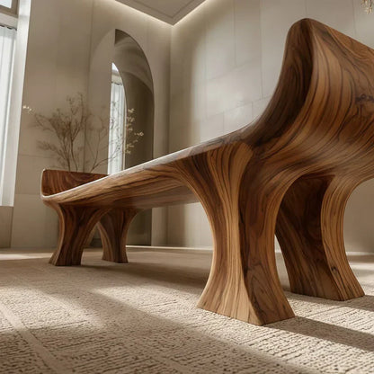 Sculpted Wing-End Bench in Natural Solid Wood - Woodenecho