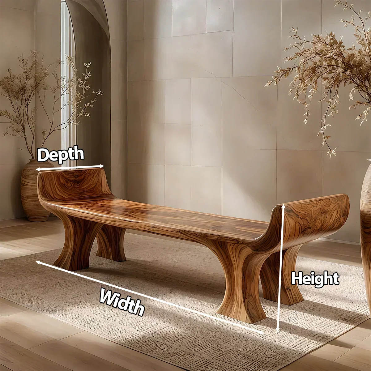 Sculpted Wing-End Bench in Natural Solid Wood - Woodenecho