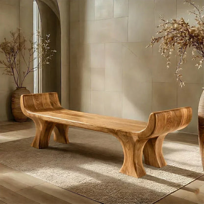 Sculpted Wing-End Bench in Natural Solid Wood - Woodenecho