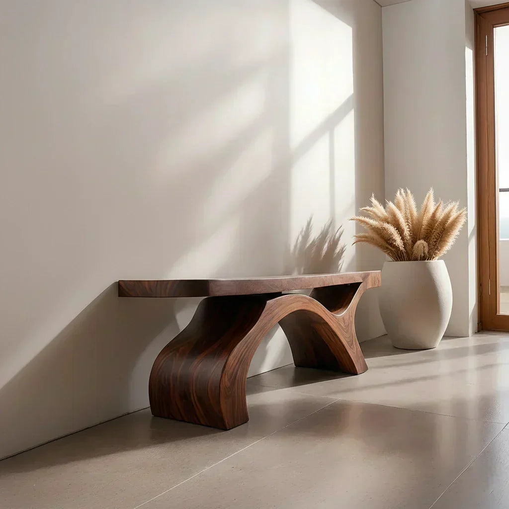 Sculptural Curved Solid Wood Bench – Modern Organic Form - Woodenecho