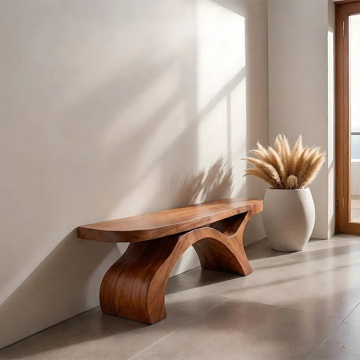 Sculptural Curved Solid Wood Bench – Modern Organic Form - Woodenecho