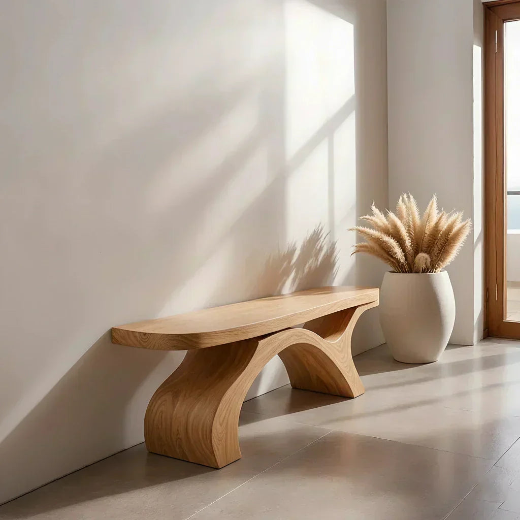 Sculptural Curved Solid Wood Bench – Modern Organic Form - Woodenecho
