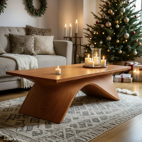 Sculptural Curved Solid Wood Coffee Table – Handcrafted Natural Finish - Rustirawood