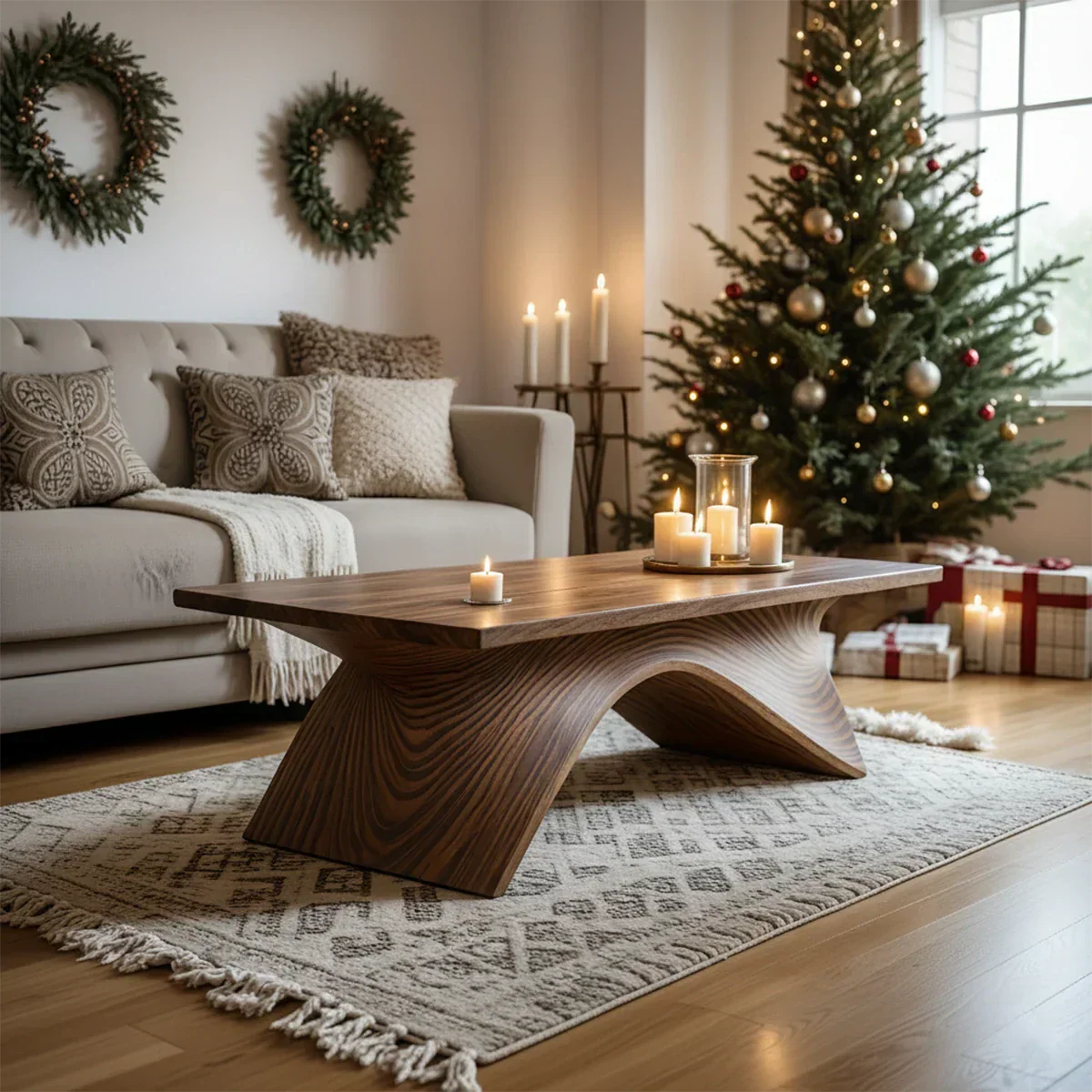 Sculptural Curved Solid Wood Coffee Table – Handcrafted Natural Finish - Rustirawood