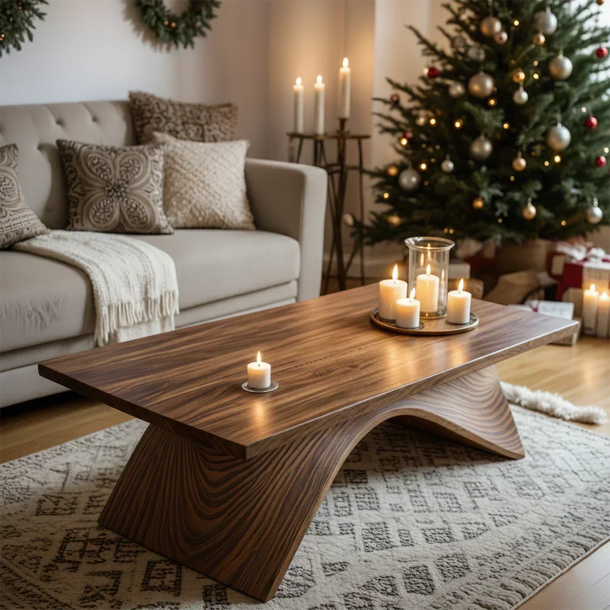 Sculptural Curved Solid Wood Coffee Table – Handcrafted Natural Finish - Woodenecho