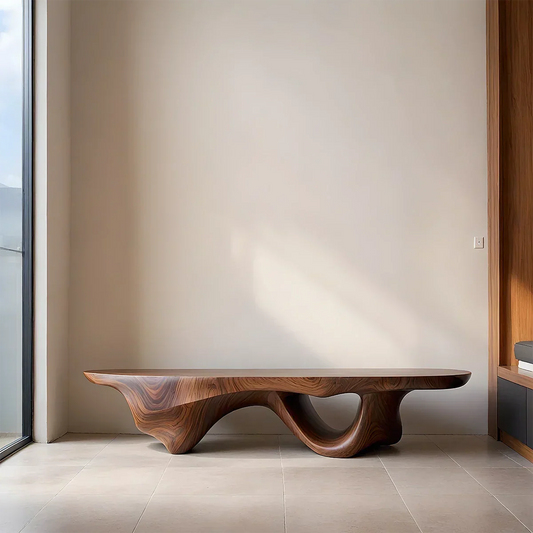 Sculptural Fluid-Form Solid Wood Bench – Modern Organic Art Piece - Rustirawood