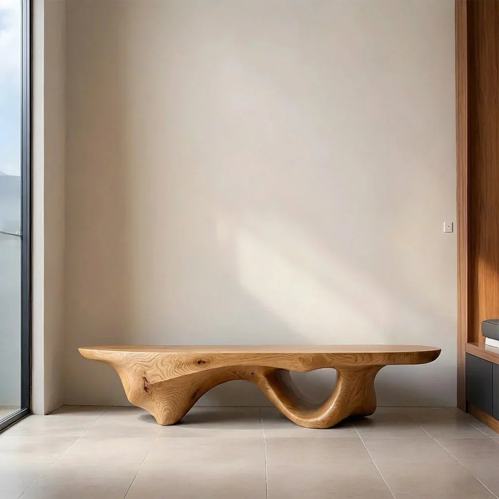 Sculptural Fluid-Form Solid Wood Bench – Modern Organic Art Piece - Rustirawood