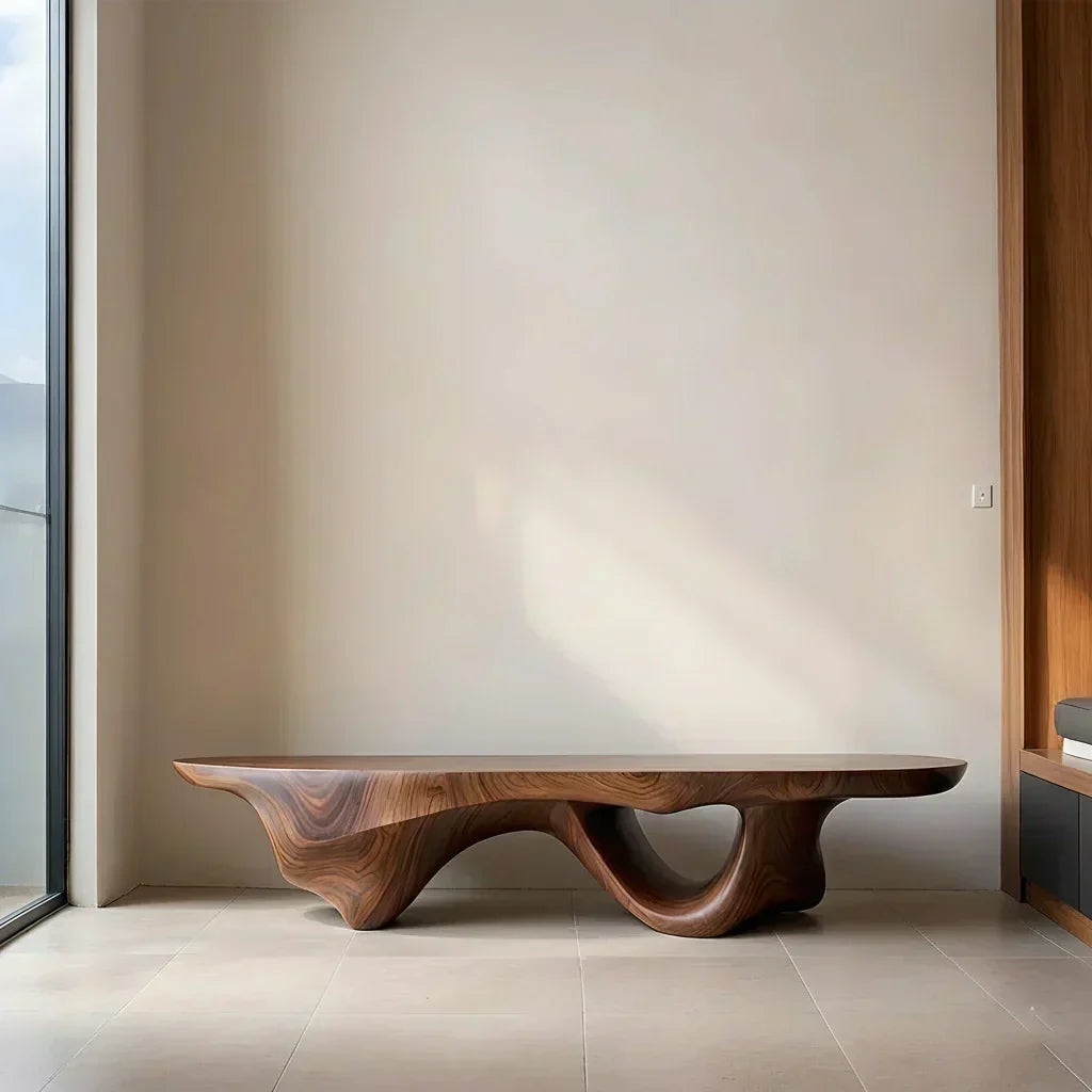 Sculptural Fluid-Form Solid Wood Bench – Modern Organic Art Piece - Woodenecho