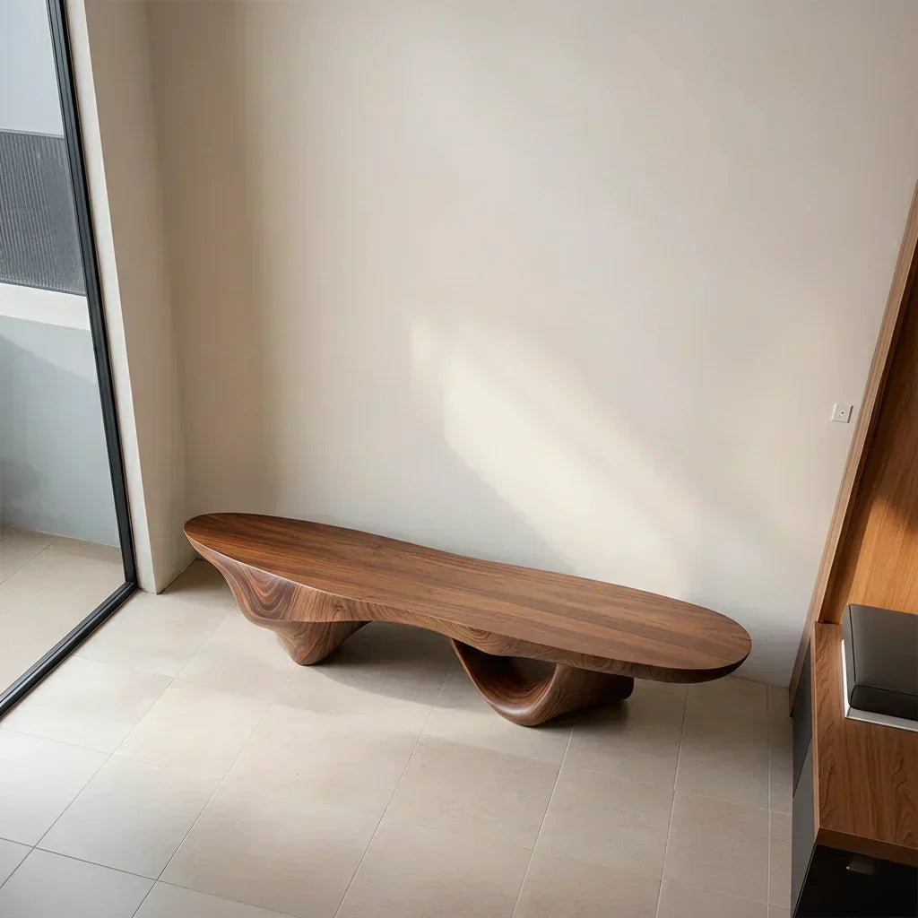 Sculptural Fluid-Form Solid Wood Bench – Modern Organic Art Piece - Woodenecho