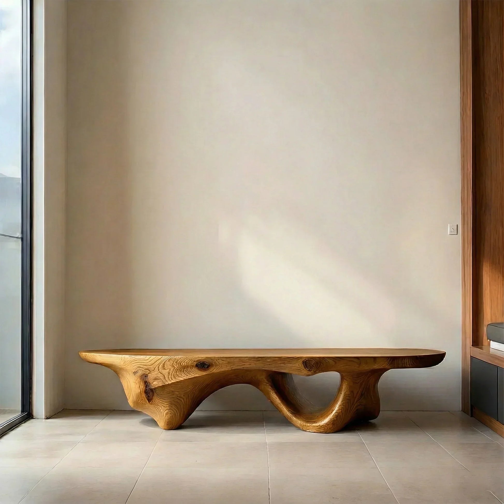 Sculptural Fluid-Form Solid Wood Bench – Modern Organic Art Piece - Woodenecho