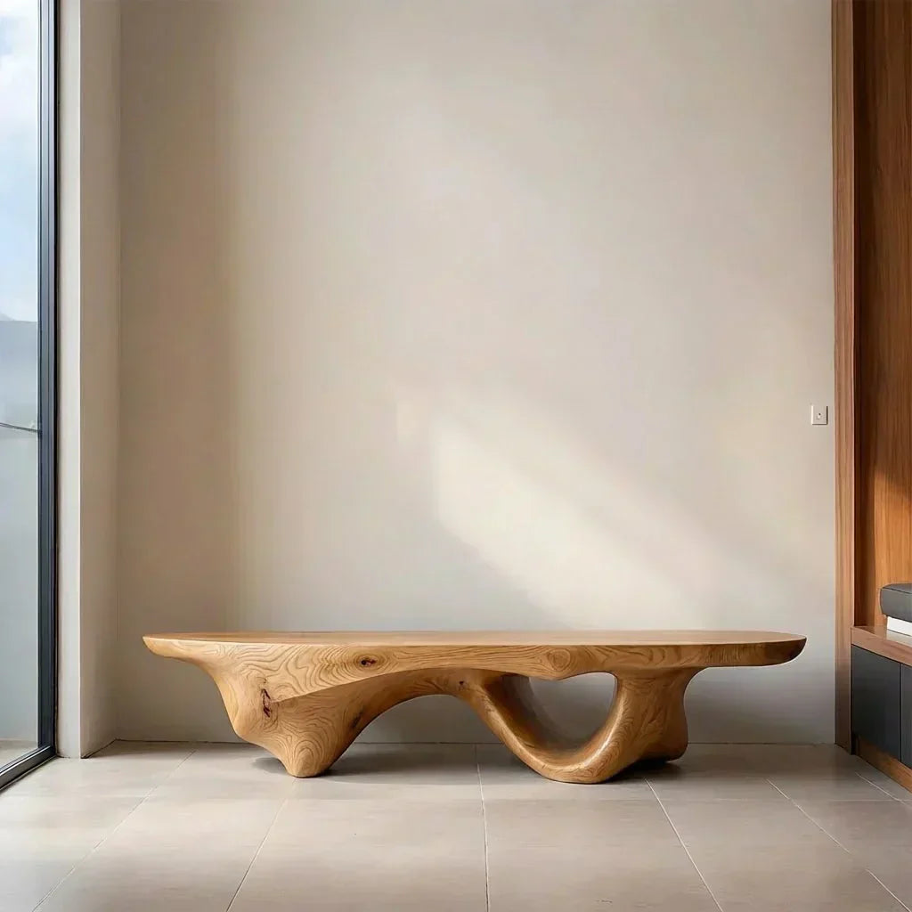Sculptural Fluid-Form Solid Wood Bench – Modern Organic Art Piece - Woodenecho
