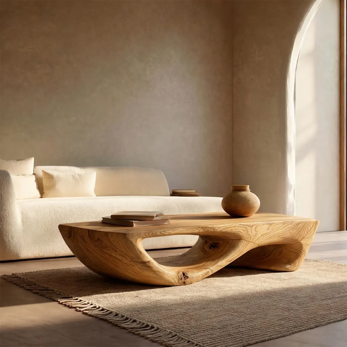 Sculptural Modern Coffee Table with Hollow Curve Base in Natural Solid Wood - Rustirawood
