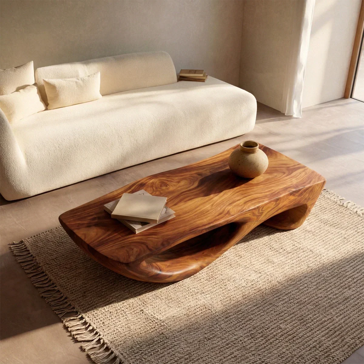 Sculptural Modern Coffee Table with Hollow Curve Base in Natural Solid Wood - Rustirawood