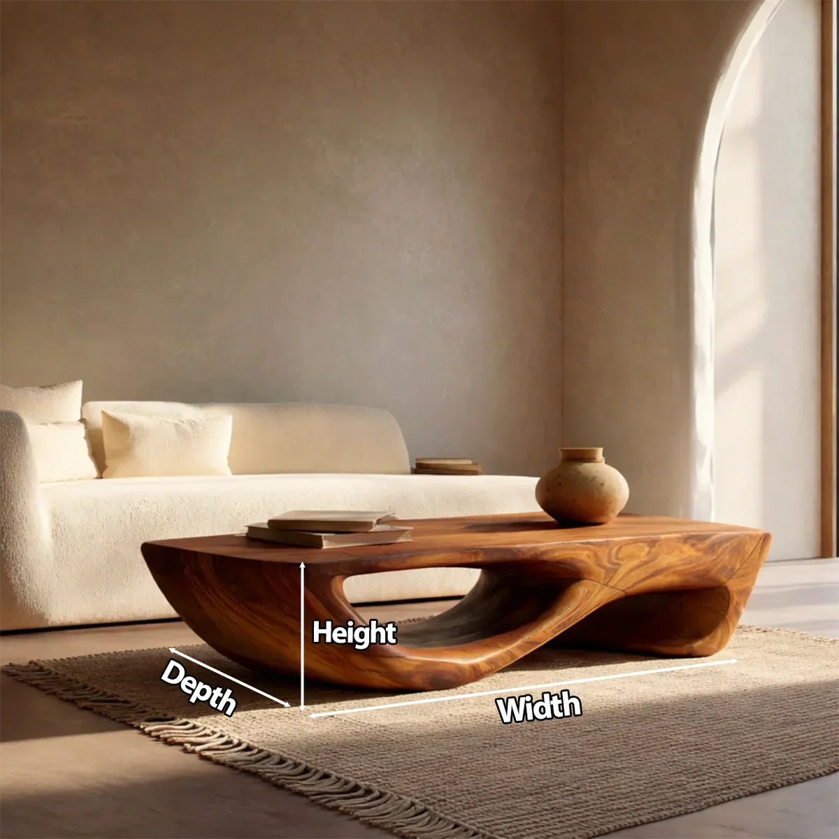 Sculptural Modern Coffee Table with Hollow Curve Base in Natural Solid Wood - Rustirawood
