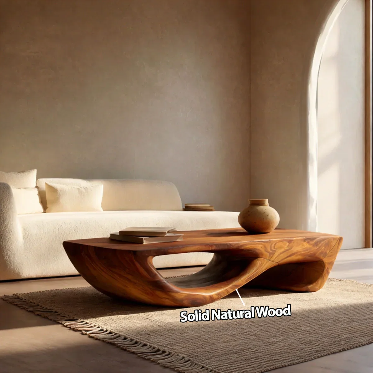 Sculptural Modern Coffee Table with Hollow Curve Base in Natural Solid Wood - Rustirawood