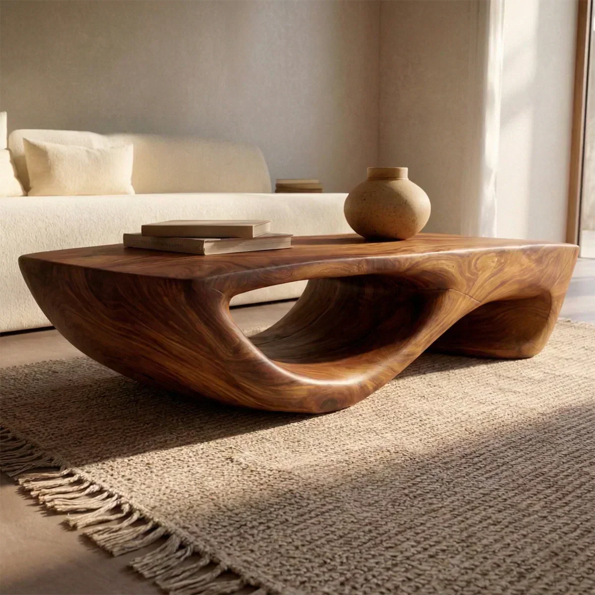 Sculptural Modern Coffee Table with Hollow Curve Base in Natural Solid Wood - Woodenecho
