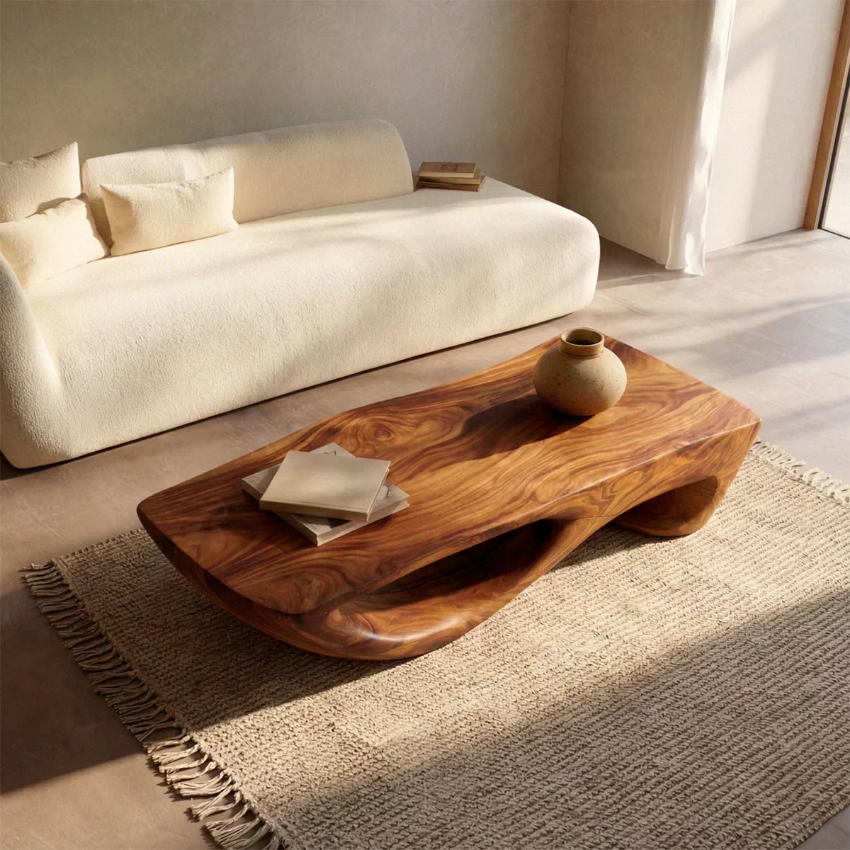 Sculptural Modern Coffee Table with Hollow Curve Base in Natural Solid Wood - Woodenecho