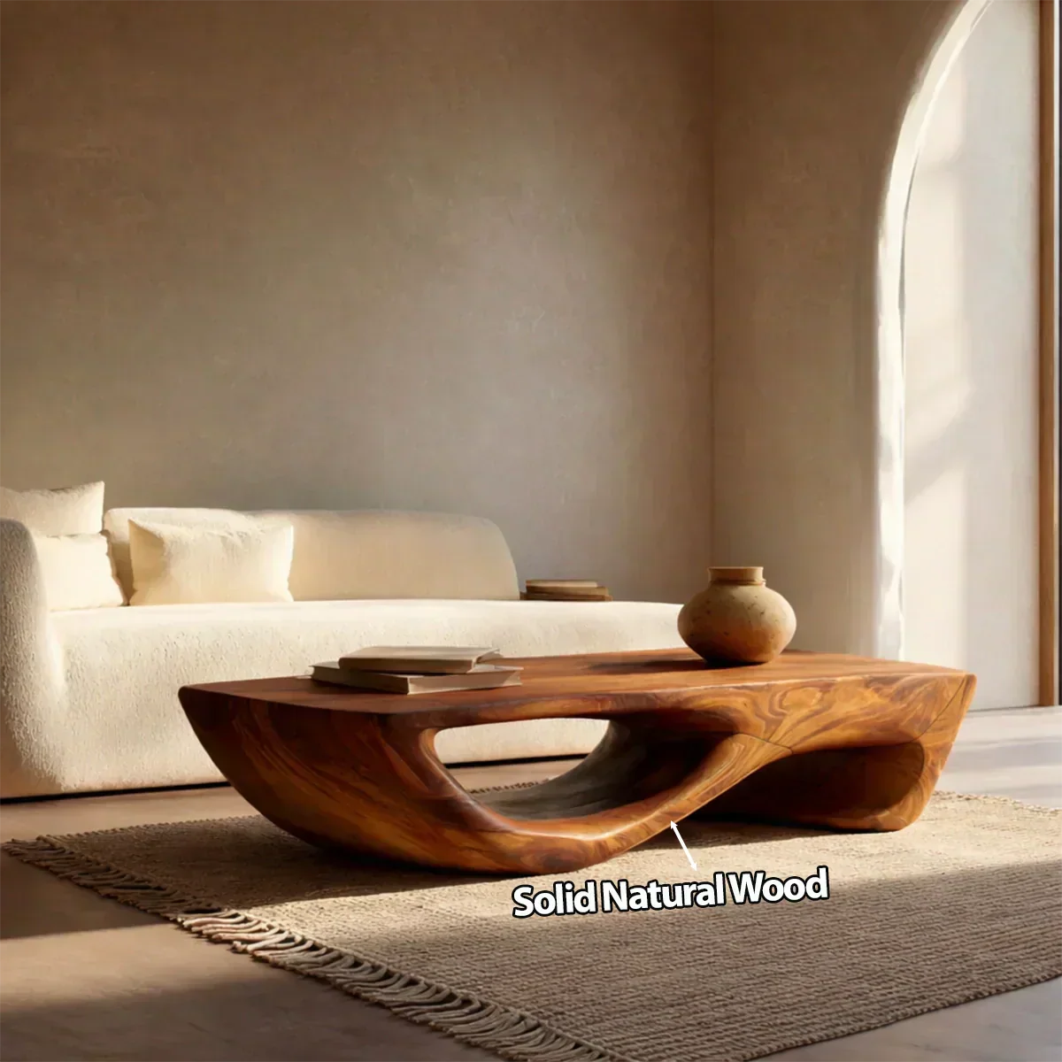 Sculptural Modern Coffee Table with Hollow Curve Base in Natural Solid Wood - Woodenecho