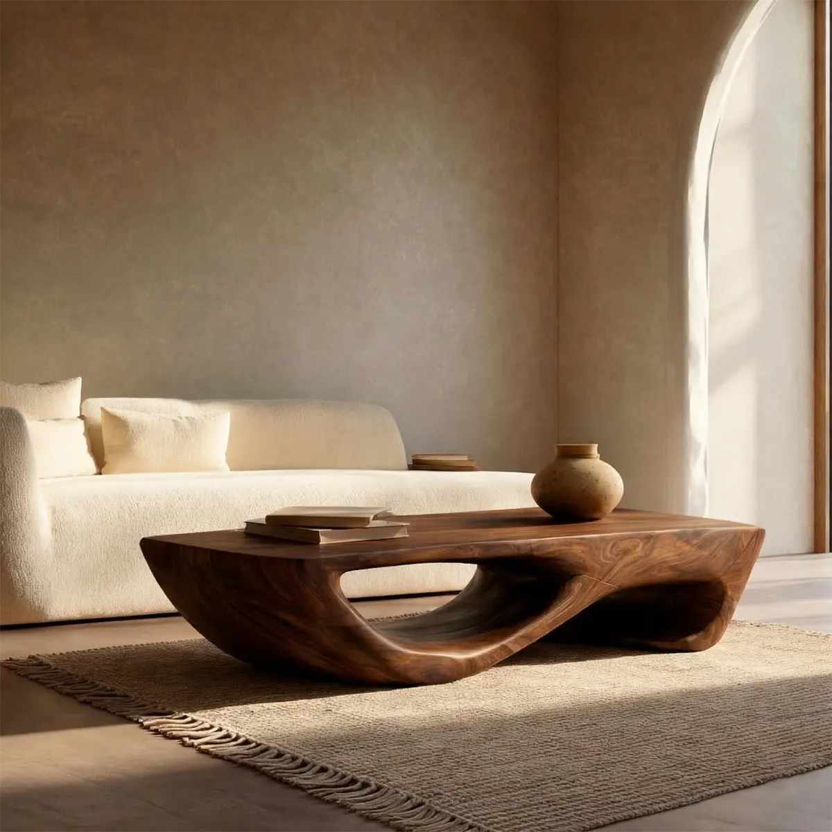 Sculptural Modern Coffee Table with Hollow Curve Base in Natural Solid Wood - Woodenecho