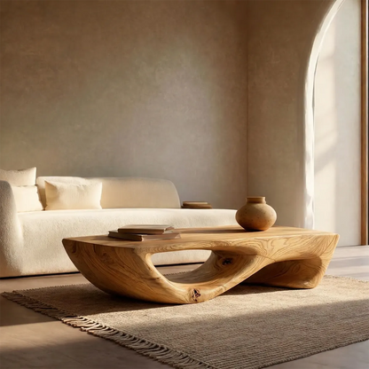Sculptural Modern Coffee Table with Hollow Curve Base in Natural Solid Wood - Woodenecho