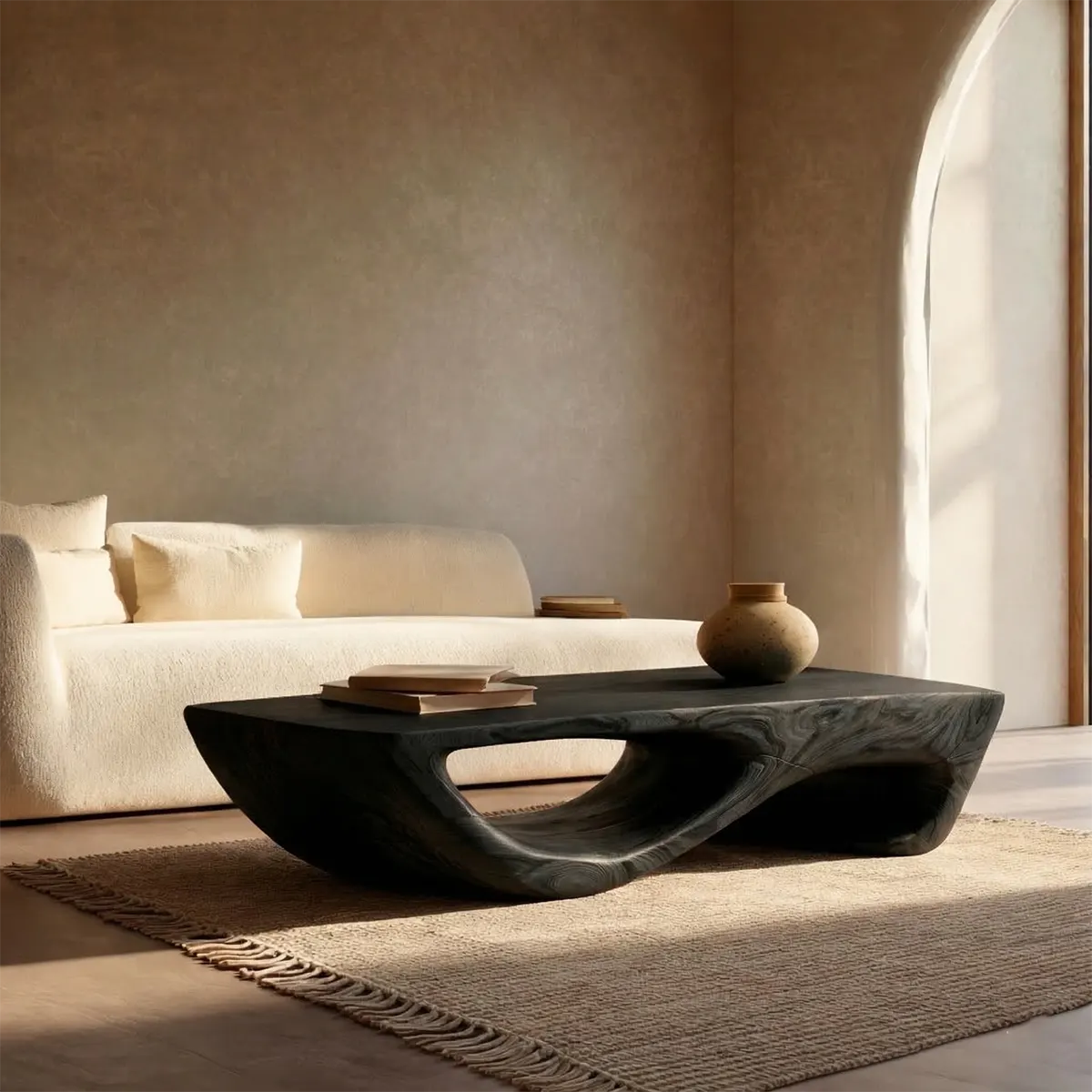 Sculptural Modern Coffee Table with Hollow Curve Base in Natural Solid Wood - Woodenecho