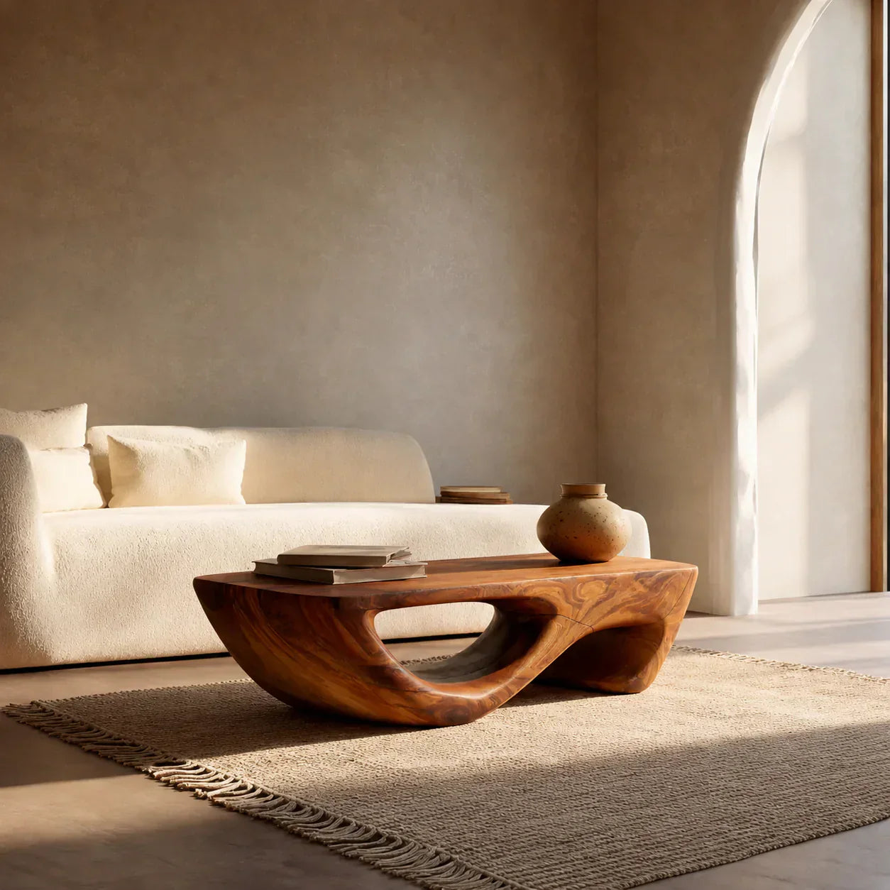 Sculptural Modern Coffee Table with Hollow Curve Base in Natural Solid Wood - Woodenecho