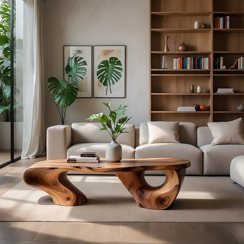Sculptural Natural Solid Wood Coffee Table — Organic Curve Design - Rustirawood