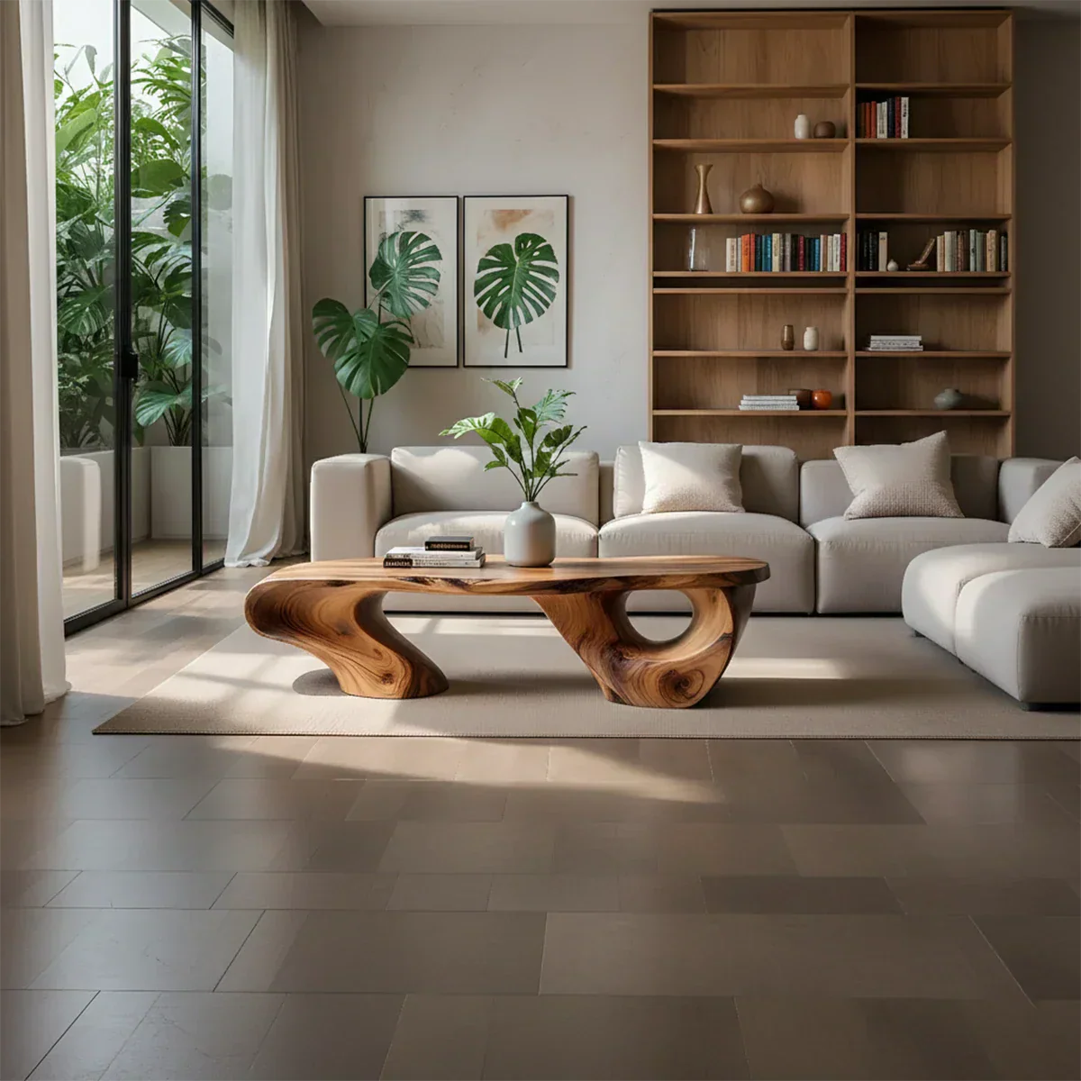 Sculptural Natural Solid Wood Coffee Table — Organic Curve Design - Rustirawood