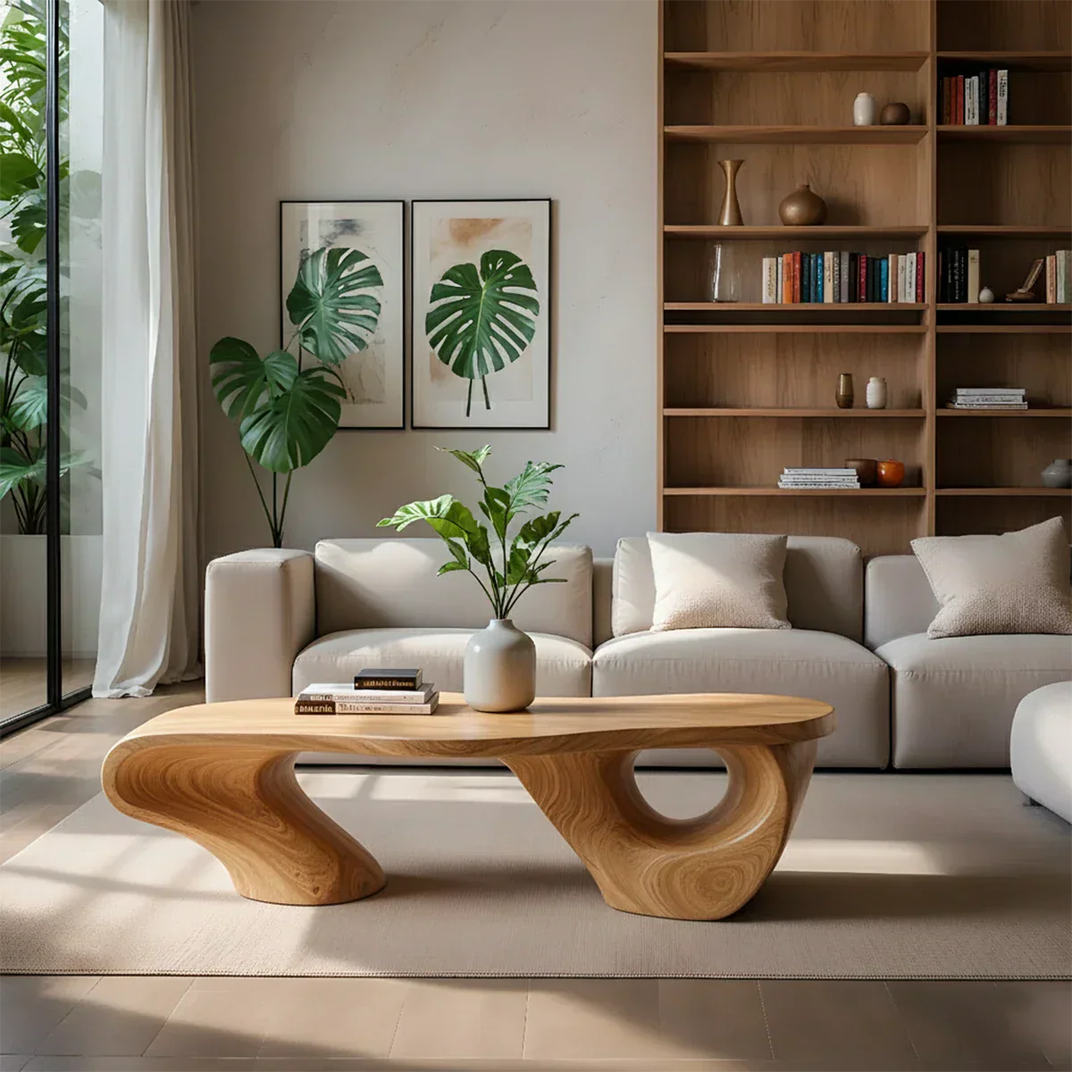 Sculptural Natural Solid Wood Coffee Table — Organic Curve Design - Rustirawood