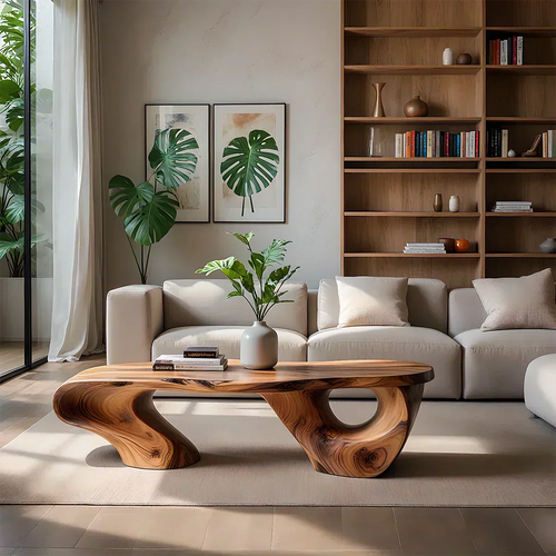 Sculptural Natural Solid Wood Coffee Table — Organic Curve Design - Woodenecho