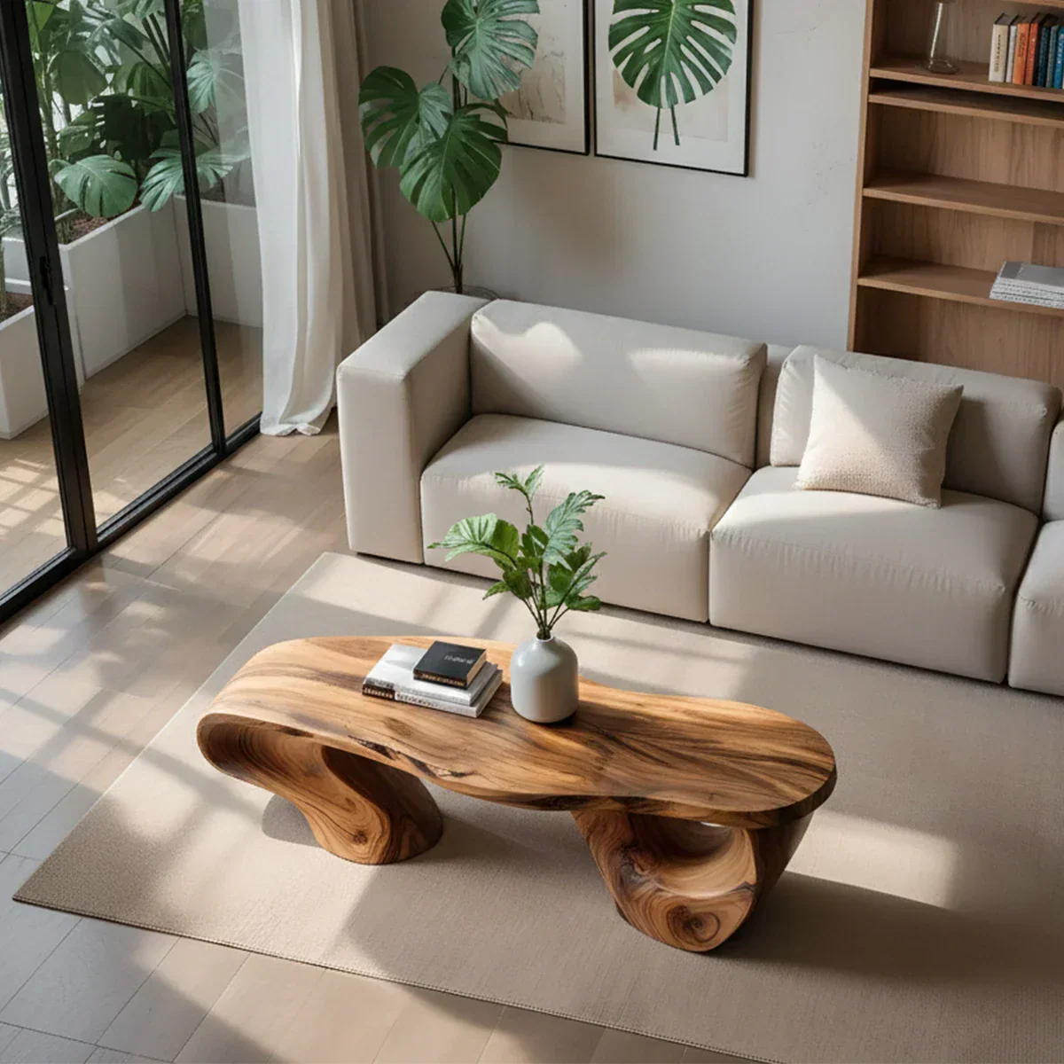 Sculptural Natural Solid Wood Coffee Table — Organic Curve Design - Woodenecho