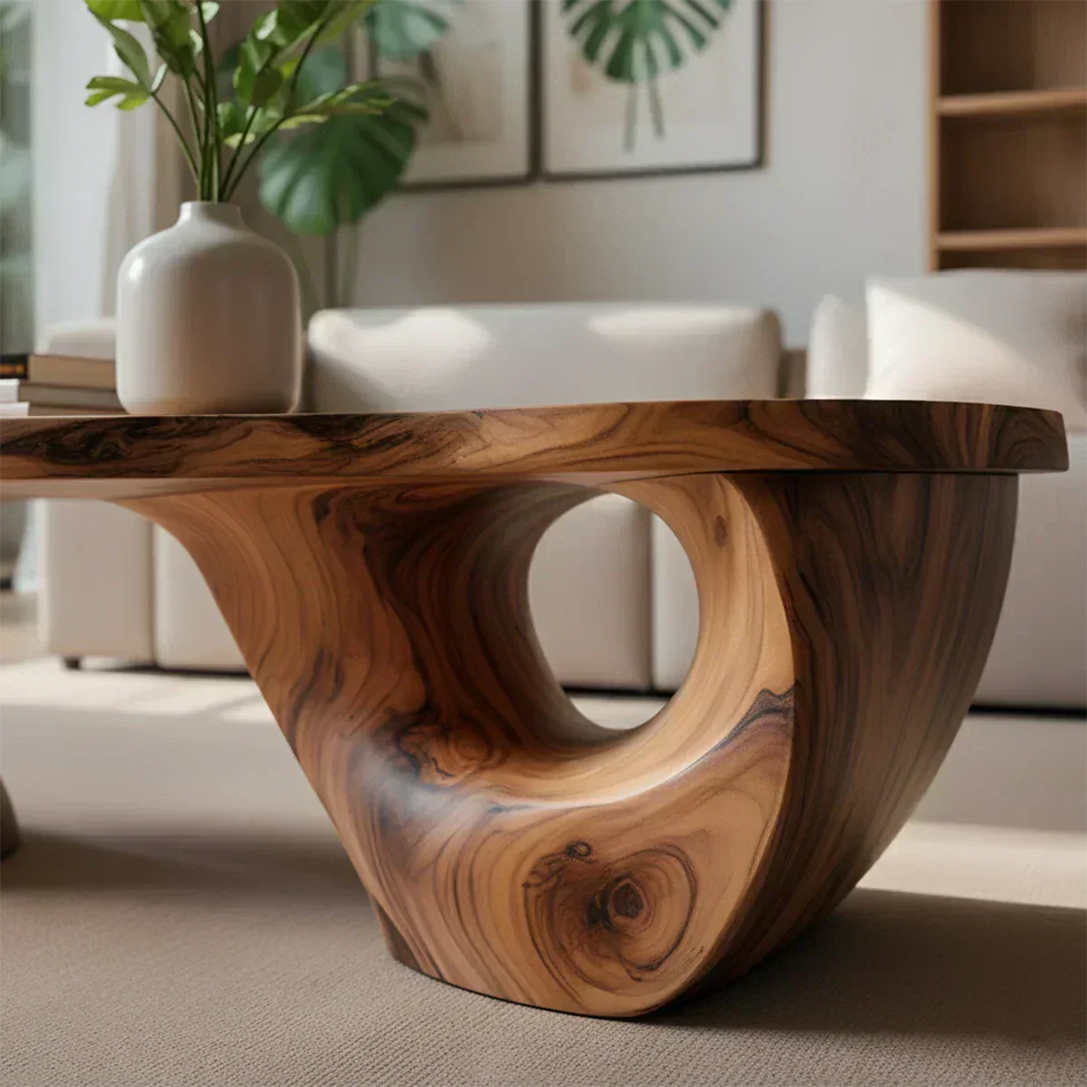 Sculptural Natural Solid Wood Coffee Table — Organic Curve Design - Woodenecho