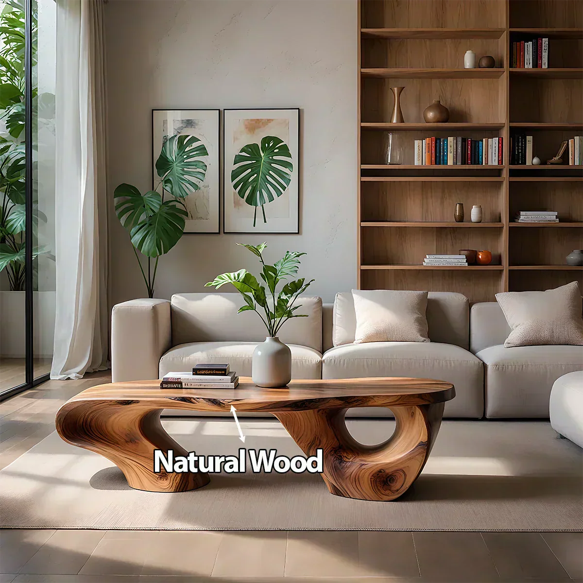 Sculptural Natural Solid Wood Coffee Table — Organic Curve Design - Woodenecho