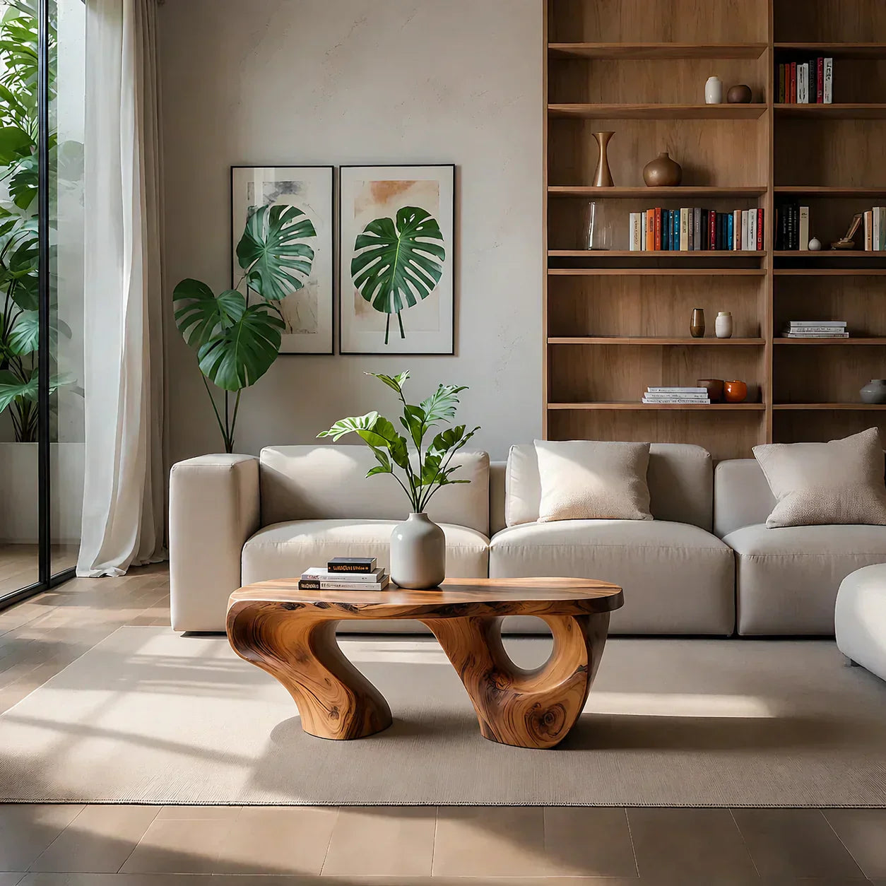 Sculptural Natural Solid Wood Coffee Table — Organic Curve Design - Woodenecho