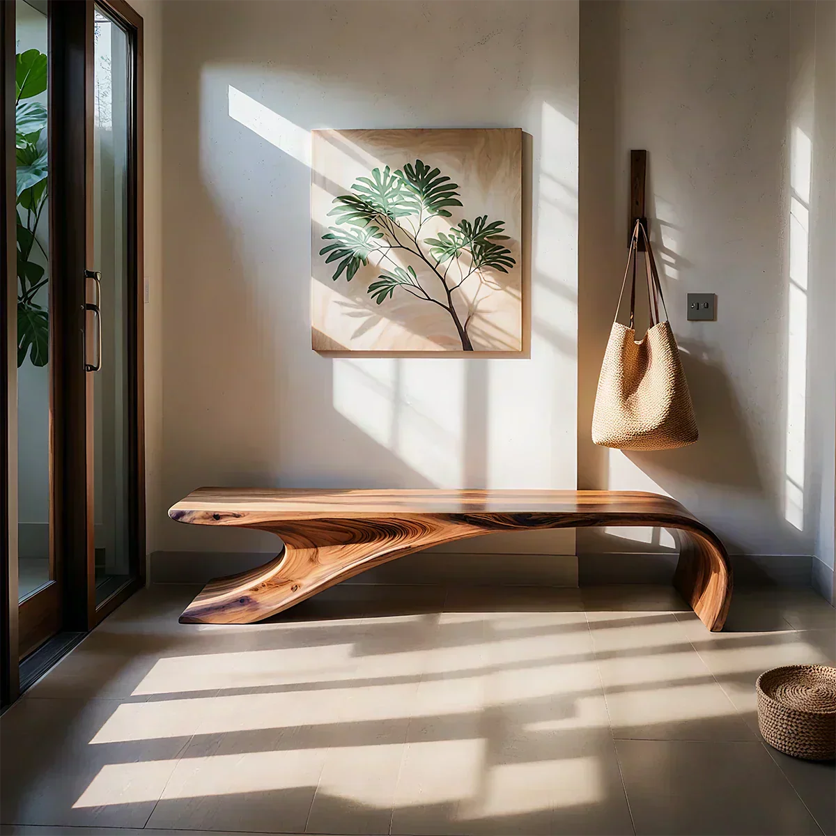 Sculptural Natural Solid Wood Entryway Bench - Woodenecho