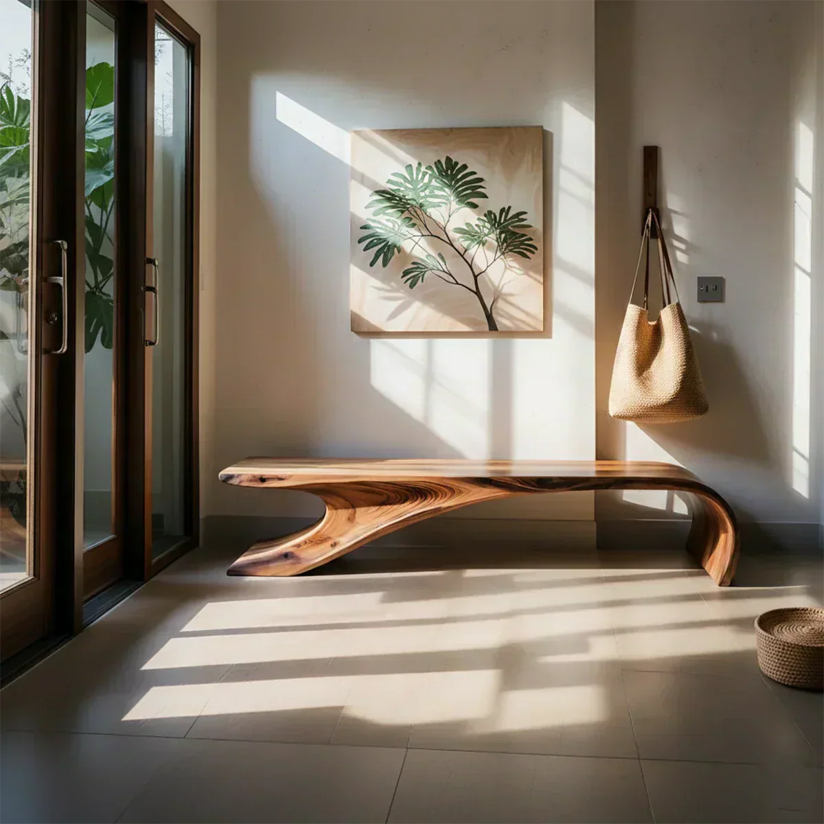 Sculptural Natural Solid Wood Entryway Bench - Woodenecho