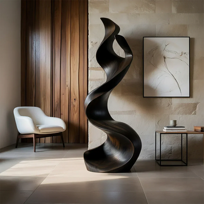 Sculptural Natural Solid Wood Floor Art — Handcarved Organic Twist Form - Rustirawood