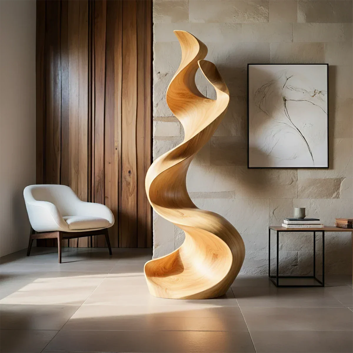 Sculptural Natural Solid Wood Floor Art — Handcarved Organic Twist Form - Rustirawood