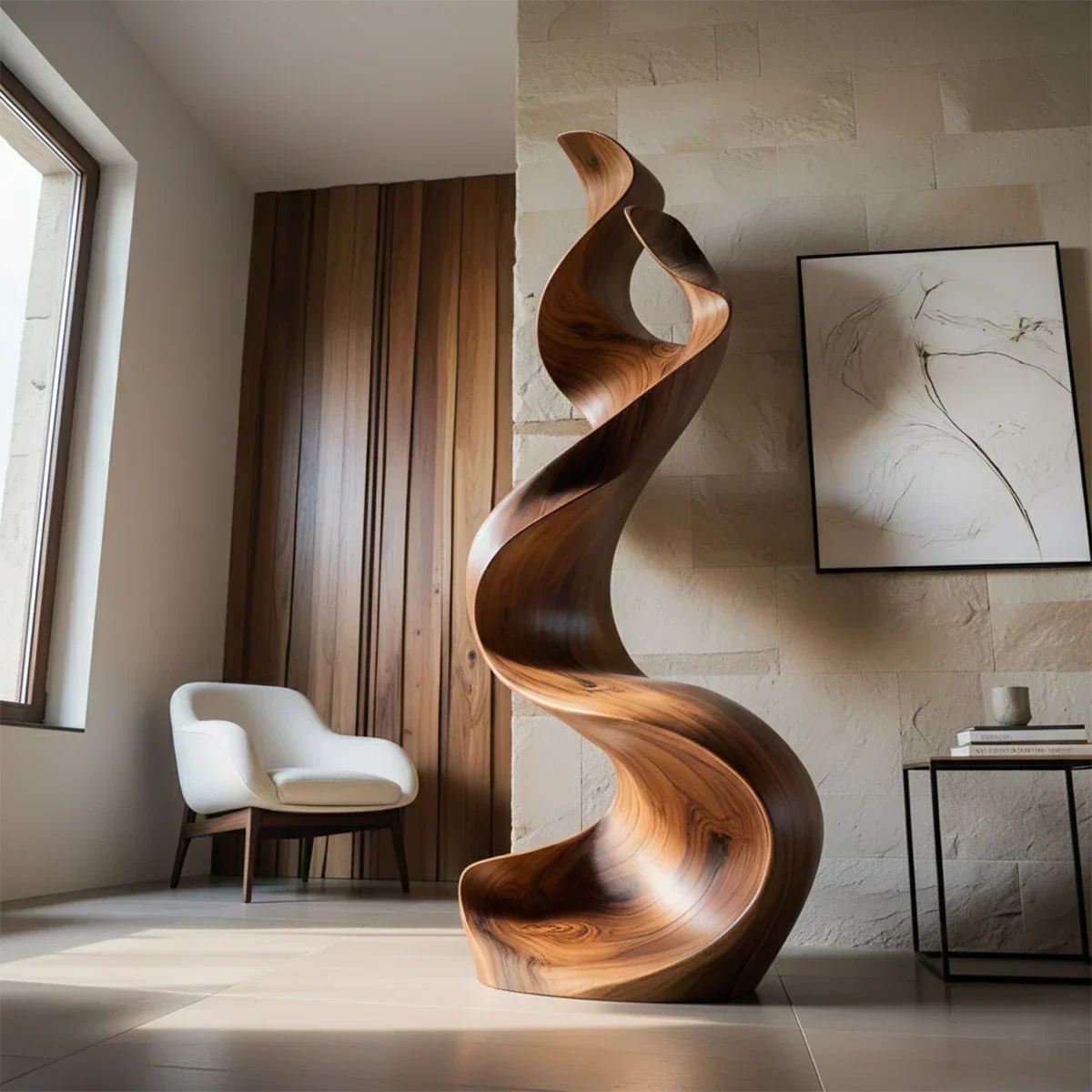 Sculptural Natural Solid Wood Floor Art — Handcarved Organic Twist Form - Rustirawood