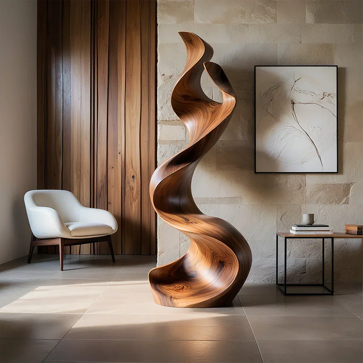 Sculptural Natural Solid Wood Floor Art — Handcarved Organic Twist Form - Rustirawood