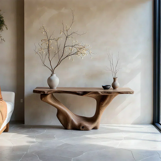 Sculptural Organic Solid Wood Console Table – Art Form Base - Woodenecho