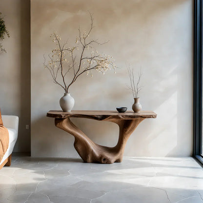 Sculptural Organic Solid Wood Console Table – Art Form Base - Woodenecho