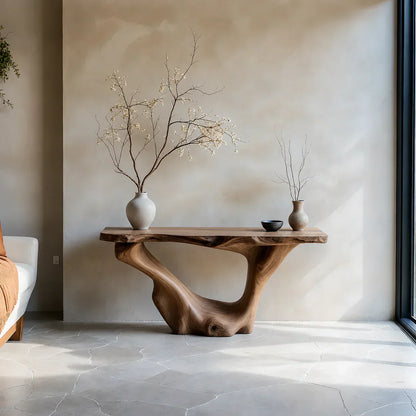 Sculptural Organic Solid Wood Console Table – Art Form Base - Woodenecho