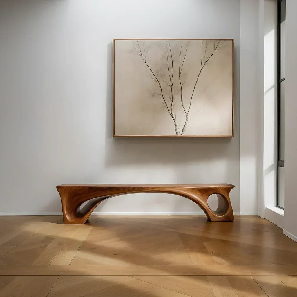 Sculptural Solid Wood Bench – Fluid Modern Form - Woodenecho
